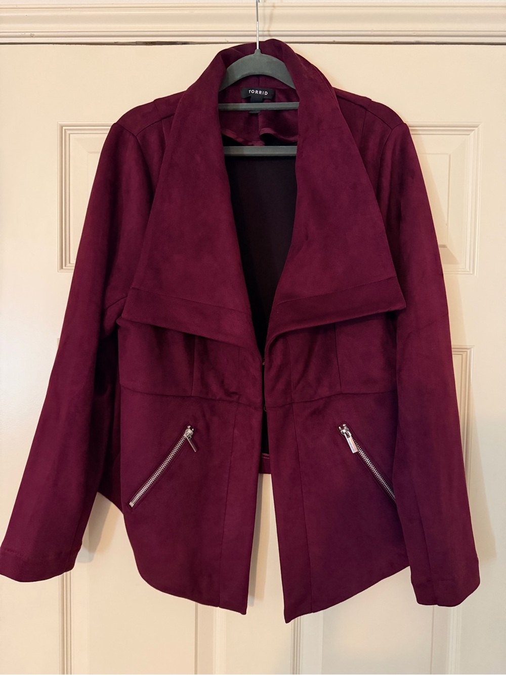 torrid Burgundy Draped Open Front Faux Suede Jacket